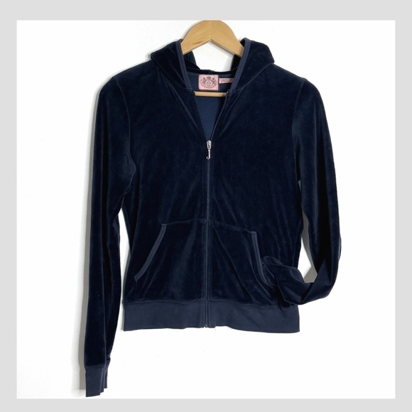 Juicy Couture Velour Hoodie Zip Up Juicy Embellished Logo On Back Navy Blue Sz L - Picture 3 of 11